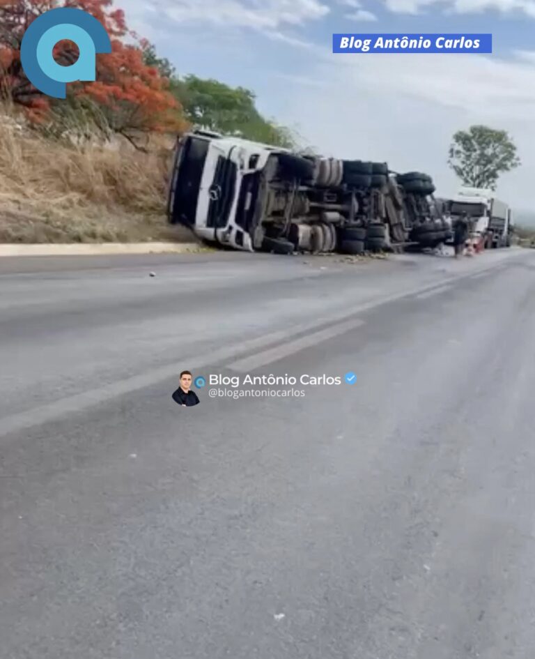 Carreta carregada com laranja tomba na BR-020, em Alvorada do Norte-GO