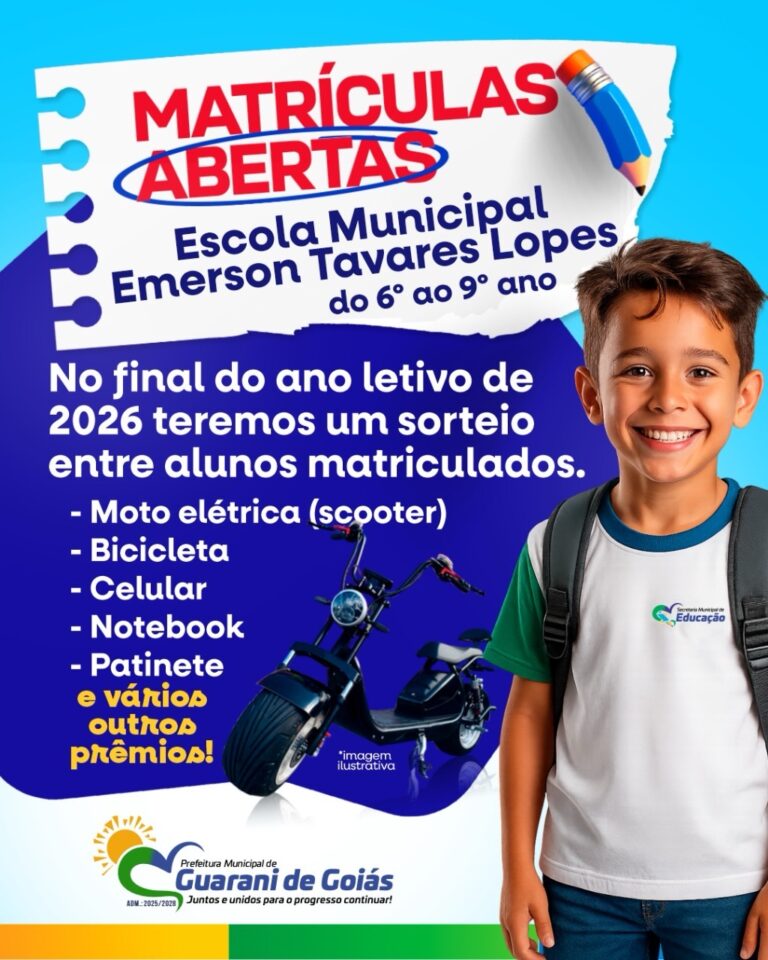 Prefeitura de Guarani de Goiás abre matrículas e alunos poderão concorrer a prêmios ao fim do ano letivo