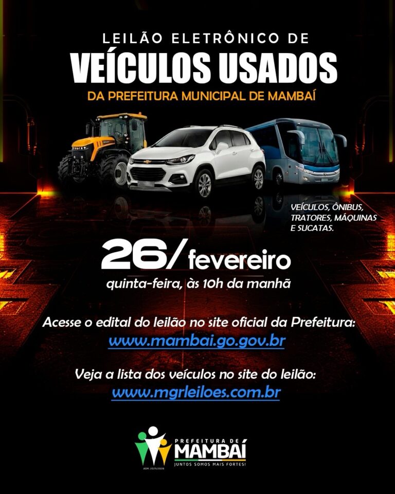 Prefeitura de Mambaí-GO realiza leilão eletrônico de veículos usados no dia 26 de fevereiro