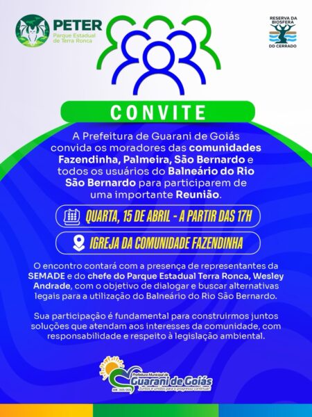 Prefeitura de Guarani de Goiás convoca moradores para reunião sobre uso do Balneário do Rio São Bernardo