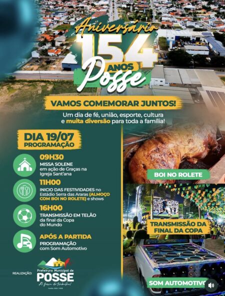 Prefeitura divulga programação oficial dos 154 anos de Posse-GO