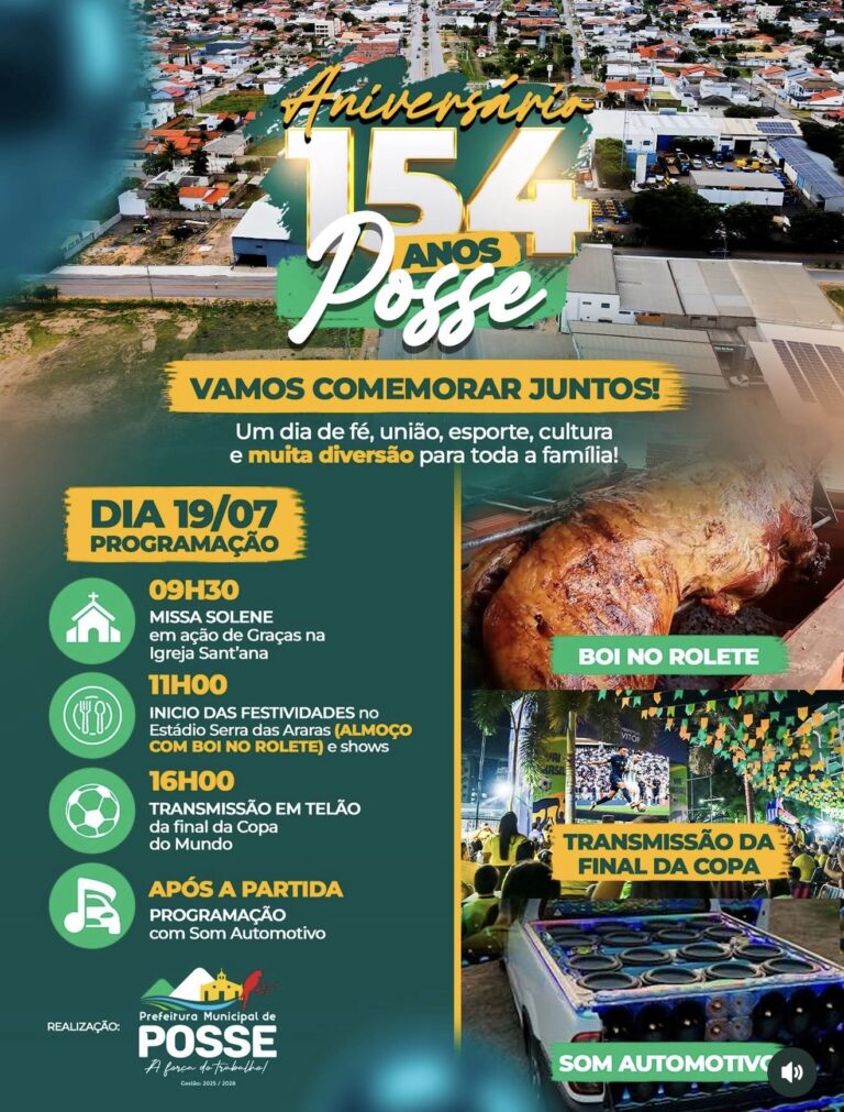 Prefeitura divulga programação oficial dos 154 anos de Posse-GO