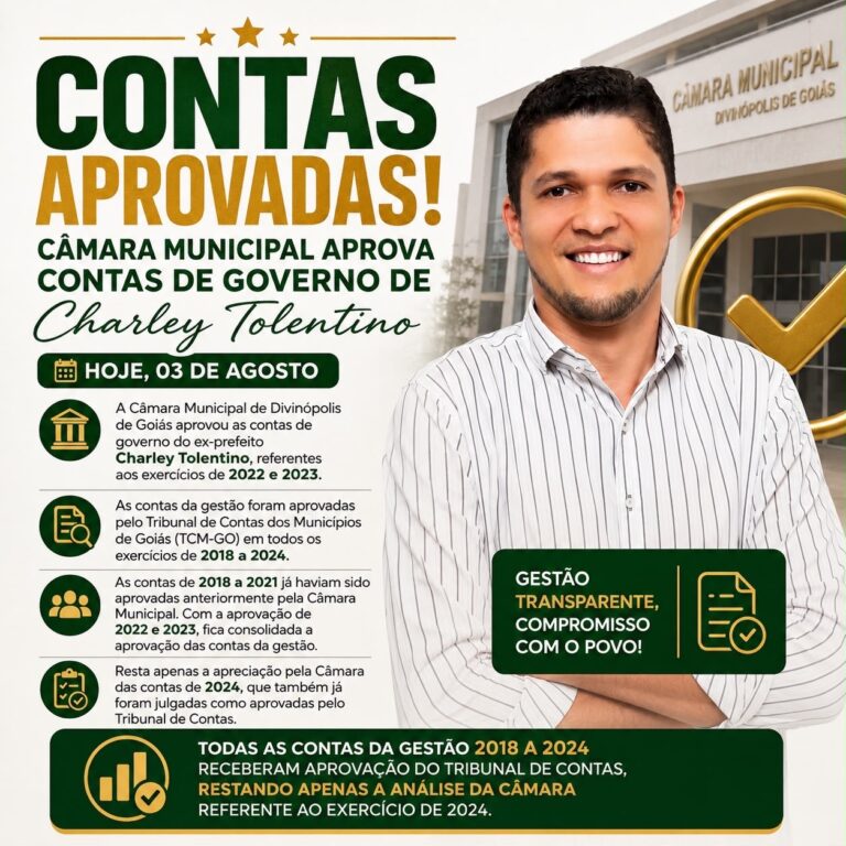 Divinópolis de Goiás: Câmara de Vereadores aprova contas do ex-prefeito Charley Tolentino