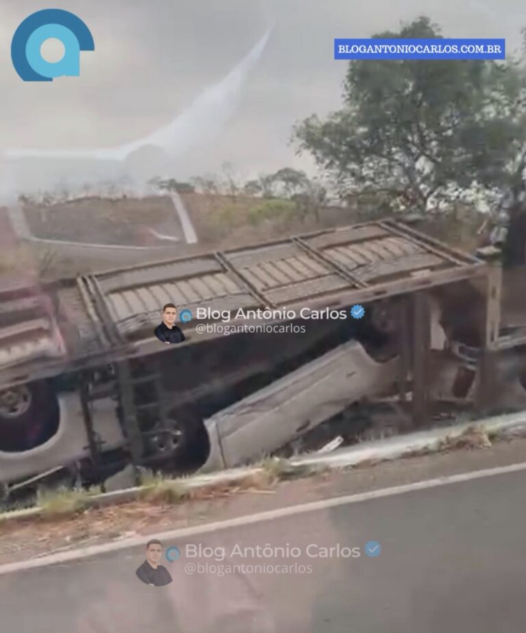 Carreta-cegonha que transportava veículos tomba na GO-118, próximo a Monte Alegre de Goiás